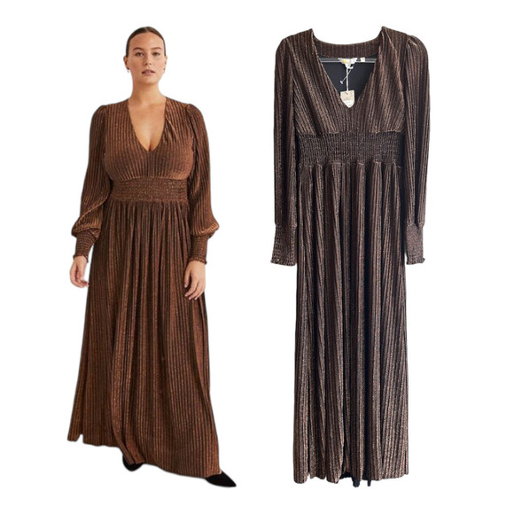 NWT Boden Metallic Brown Jersey Maxi Dress V-Neck Long Sleeve Size 6P Cinched - Picture 10 of 15
